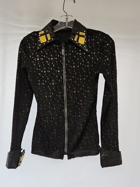 Custom Black And Yellow Accented Crystal Zip-Front Show Shirt